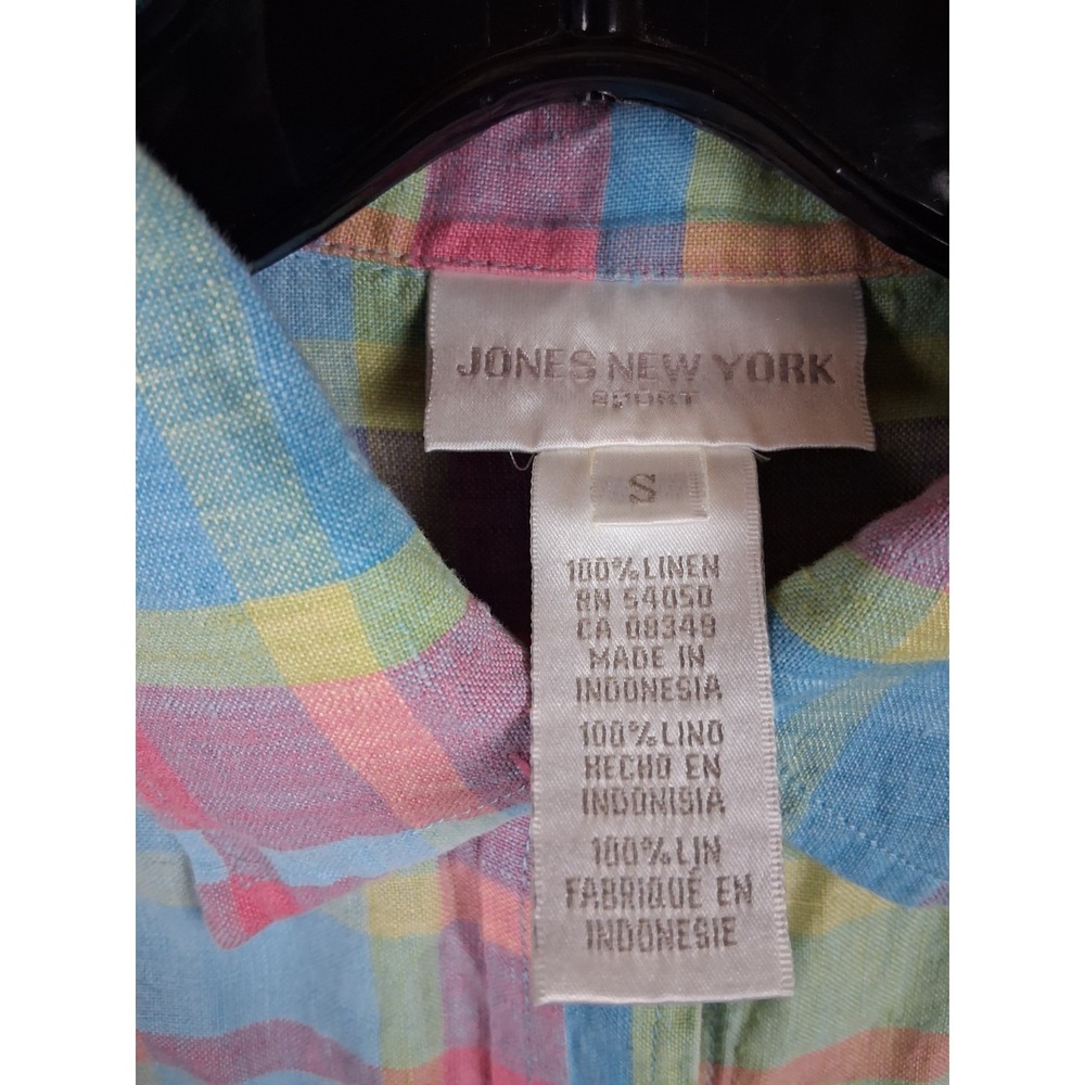 Jones New York Womens Shirt S Blue Pink Pastel Plaid 100% Linen Coastal Resort - Picture 3 of 7